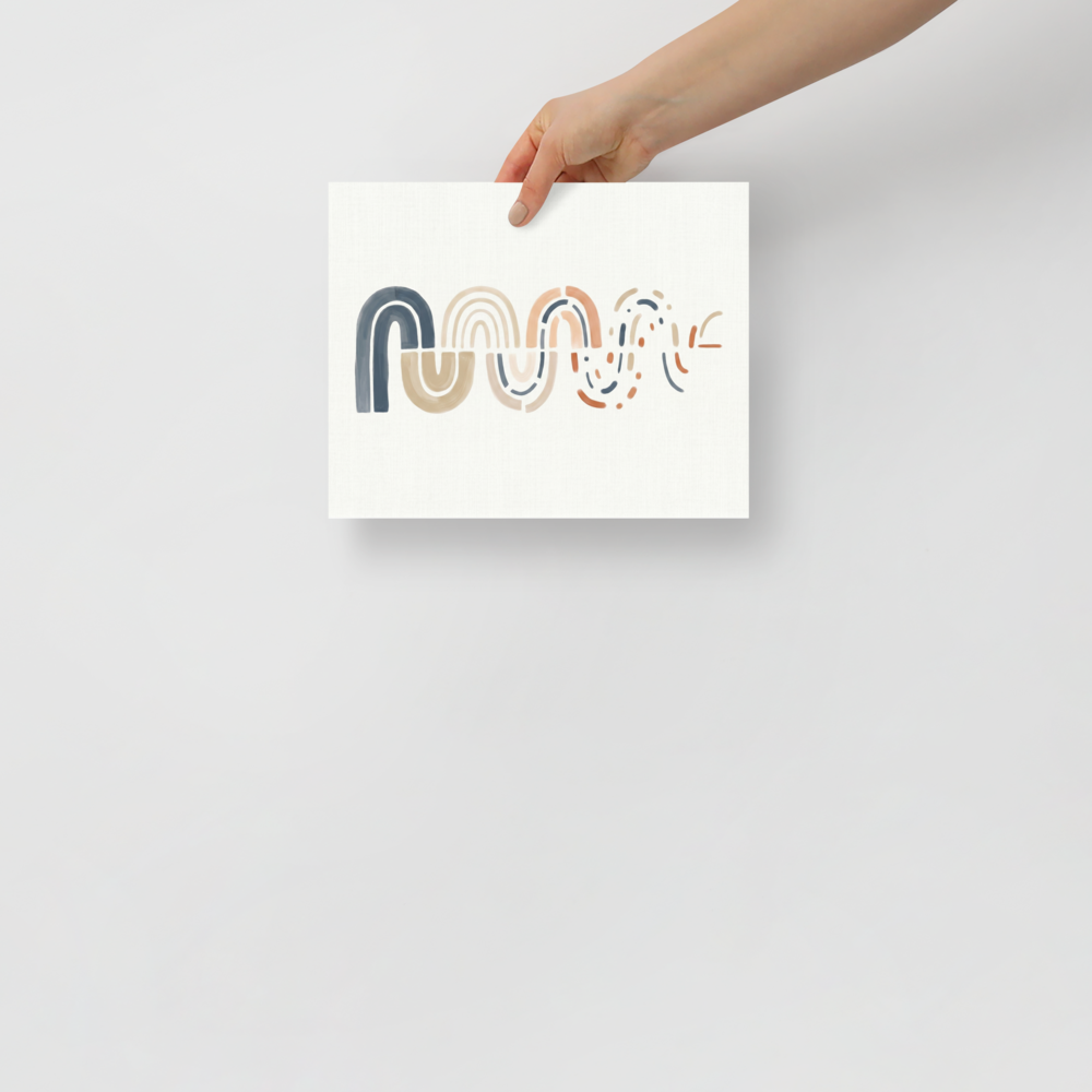 'Unraveling Waves' — a Minimalism,Abstract art print. A minimalist abstract painting featuring a wavy line of nested arches in blue and peach that break apart into dots and dashes, perfect for a modern Nursery or Bedroom.