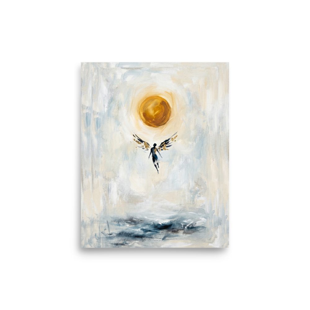 'Icarus Ascending' — a Expressionism,Symbolism print. An expressive painting of a winged figure flying upward toward a bright golden sun over dark, stormy waters, perfect for an Office or Living Room.