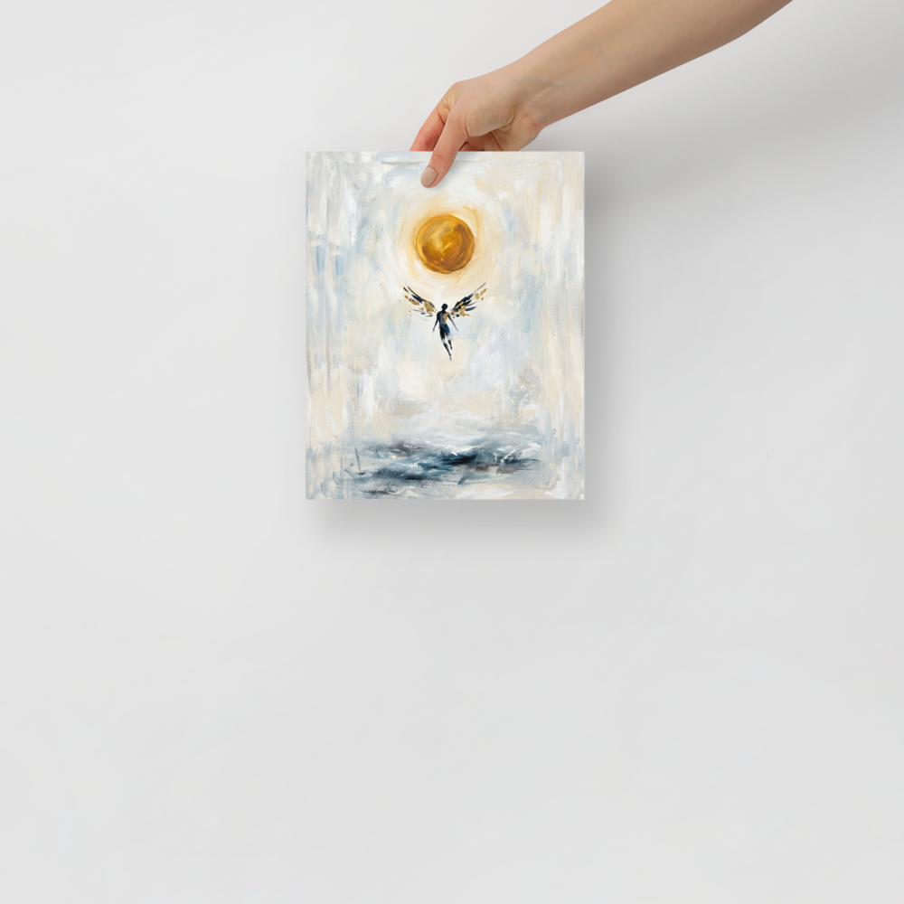 'Icarus Ascending' — a Expressionism,Symbolism print. An expressive painting of a winged figure flying upward toward a bright golden sun over dark, stormy waters, perfect for an Office or Living Room.