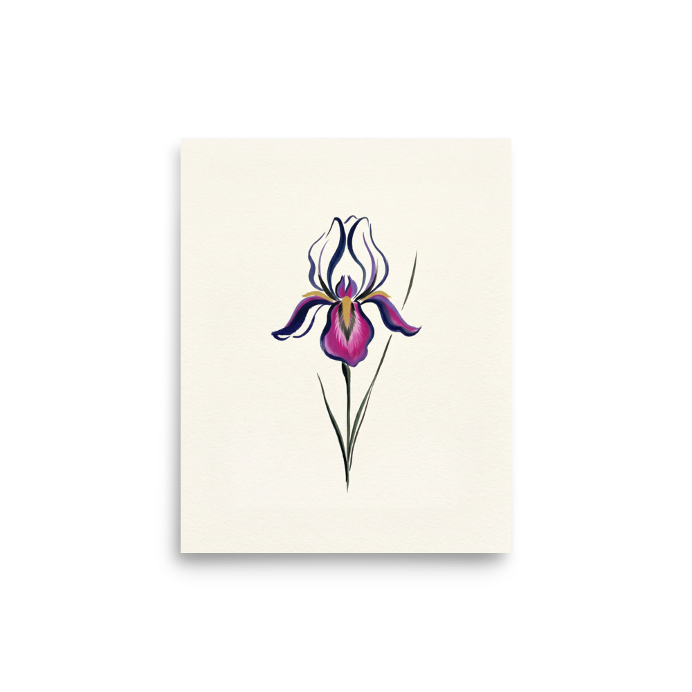 'Iris in Bloom' — a Minimalism print. A minimalist painting of a single purple and magenta iris flower with green stems on a cream background, perfect for a Bedroom or Bathroom.