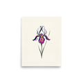 'Iris in Bloom' — a Minimalism print. A minimalist painting of a single purple and magenta iris flower with green stems on a cream background, perfect for a Bedroom or Bathroom.