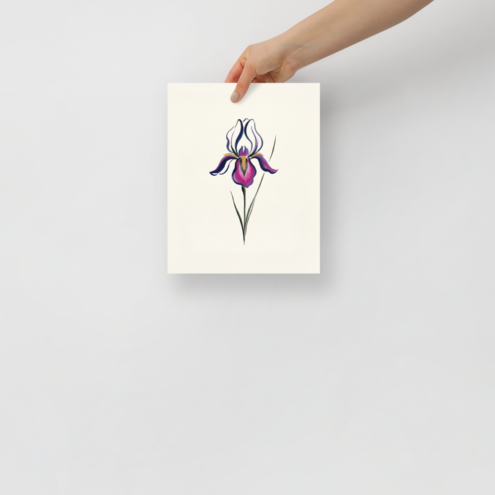 'Iris in Bloom' — a Minimalism print. A minimalist painting of a single purple and magenta iris flower with green stems on a cream background, perfect for a Bedroom or Bathroom.