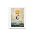 'Icarus Falling' — a Expressionism,Symbolism print. An expressive painting of a winged figure falling from a bright golden sun, losing feathers, towards dark choppy waters, perfect for a Living Room or Office.