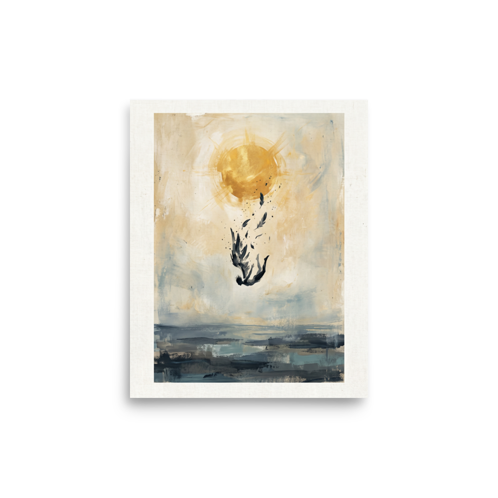 'Icarus Falling' — a Expressionism,Symbolism print. An expressive painting of a winged figure falling from a bright golden sun, losing feathers, towards dark choppy waters, perfect for a Living Room or Office.