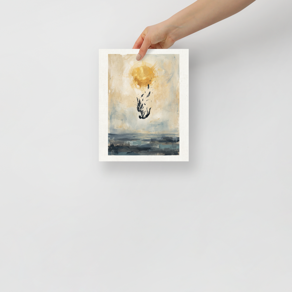 'Icarus Falling' — a Expressionism,Symbolism print. An expressive painting of a winged figure falling from a bright golden sun, losing feathers, towards dark choppy waters, perfect for a Living Room or Office.