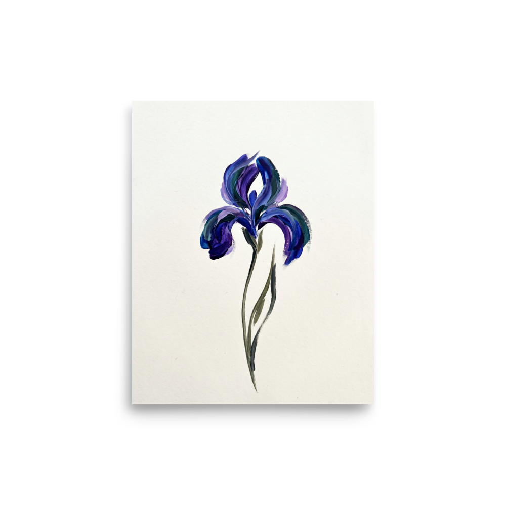 'Violet Impressions' — a Minimalism,Impressionism print. An expressive minimalist painting of a single purple iris flower using thick, bold brushstrokes on a white background, perfect for a Bedroom or Office.