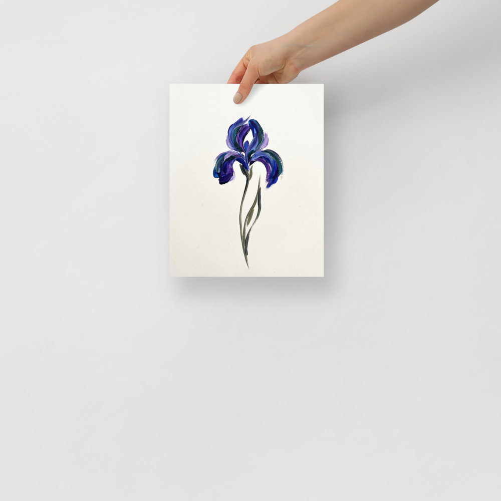 'Violet Impressions' — a Minimalism,Impressionism print. An expressive minimalist painting of a single purple iris flower using thick, bold brushstrokes on a white background, perfect for a Bedroom or Office.