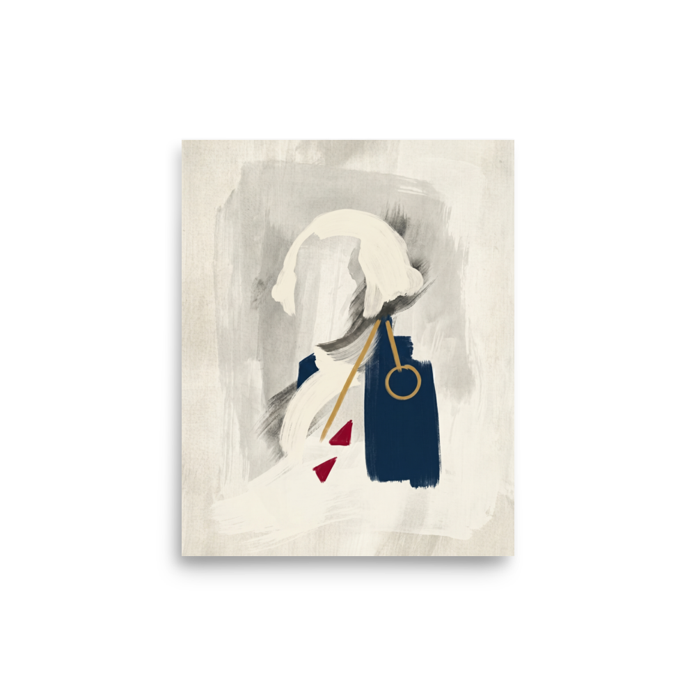 'Abstract Statesman' — a Abstract art,Minimalism print. An abstract, minimalist painting of a figure with white hair in a dark blue coat, featuring thick brushstrokes and touches of gold and red, perfect for an Office or Library.