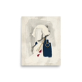 'Abstract Statesman' — a Abstract art,Minimalism print. An abstract, minimalist painting of a figure with white hair in a dark blue coat, featuring thick brushstrokes and touches of gold and red, perfect for an Office or Library.