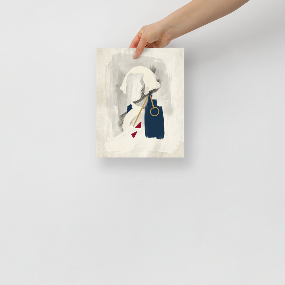 'Abstract Statesman' — a Abstract art,Minimalism print. An abstract, minimalist painting of a figure with white hair in a dark blue coat, featuring thick brushstrokes and touches of gold and red, perfect for an Office or Library.