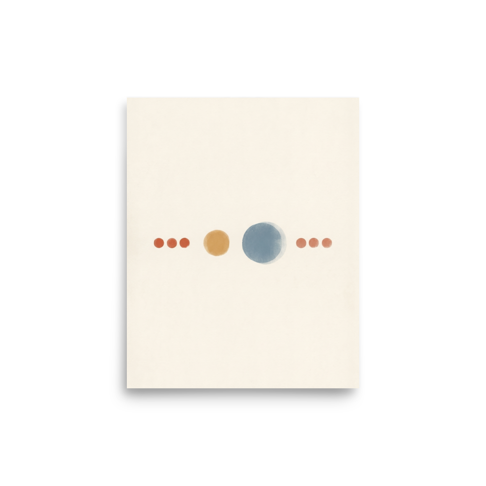 'Celestial Alignment' — a Minimalism print. A minimalist painting of a horizontal line of geometric circles in orange, gold, and blue on a cream background, perfect for a modern Office or Bedroom.