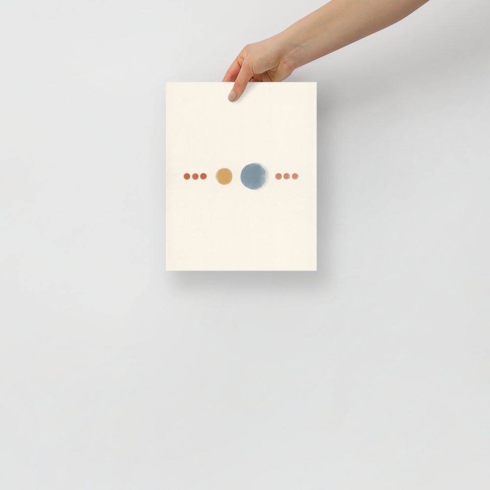 'Celestial Alignment' — a Minimalism print. A minimalist painting of a horizontal line of geometric circles in orange, gold, and blue on a cream background, perfect for a modern Office or Bedroom.