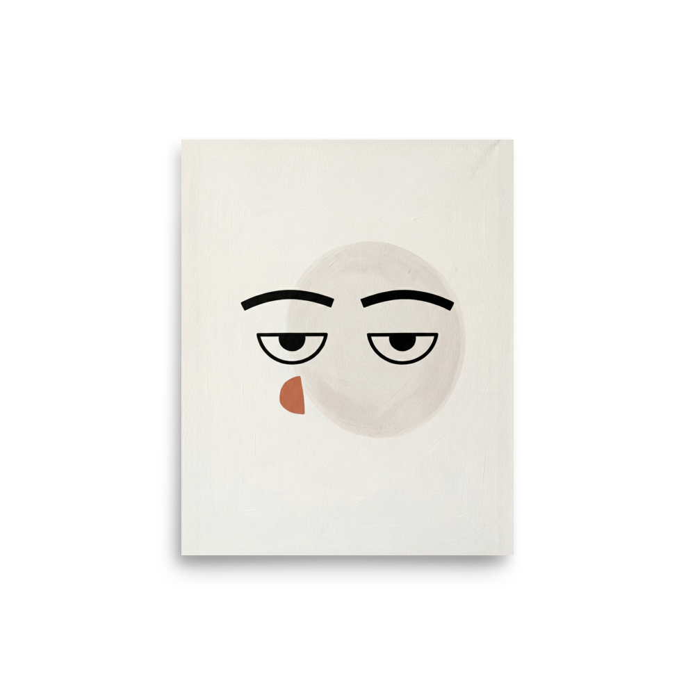 'Unamused' — a Minimalism,Pop art print. A minimalist painting of an unamused face made with simple black lines and circles against an off-white background, perfect for a Game Room or modern Office.
