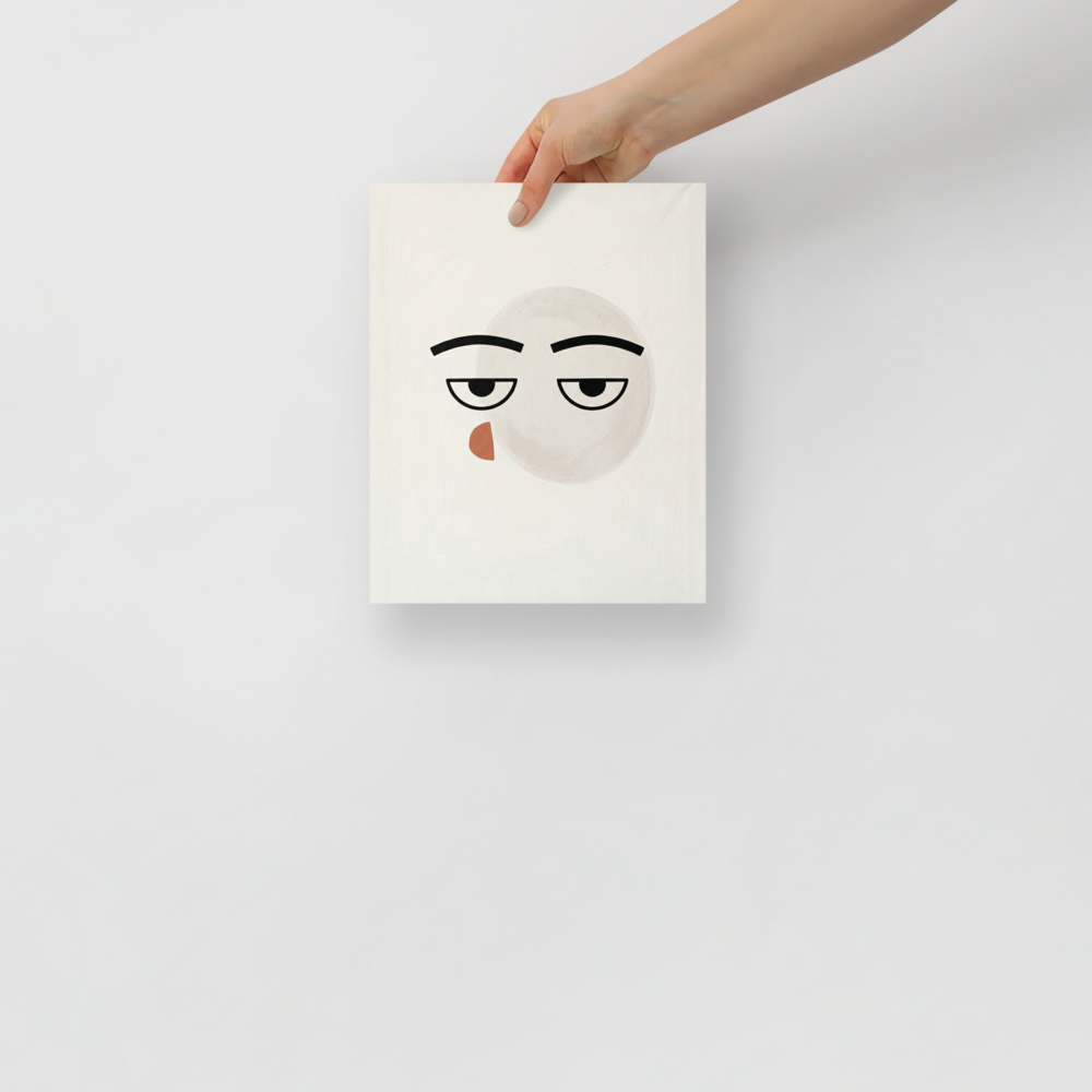 'Unamused' — a Minimalism,Pop art print. A minimalist painting of an unamused face made with simple black lines and circles against an off-white background, perfect for a Game Room or modern Office.