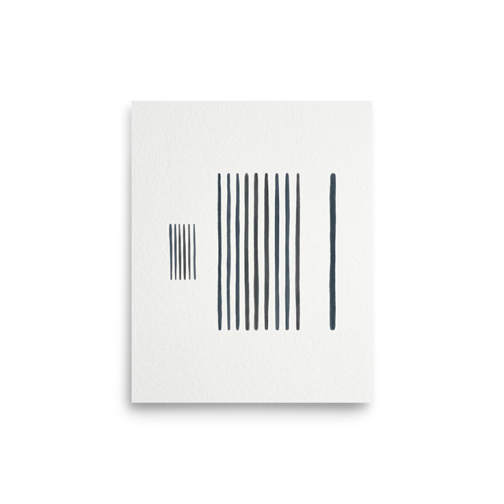 'The Measure of Silence' — a Minimalism print. A minimalist artwork featuring vertical gray lines arranged in distinct groups on a textured white background, perfect for a serene office space.