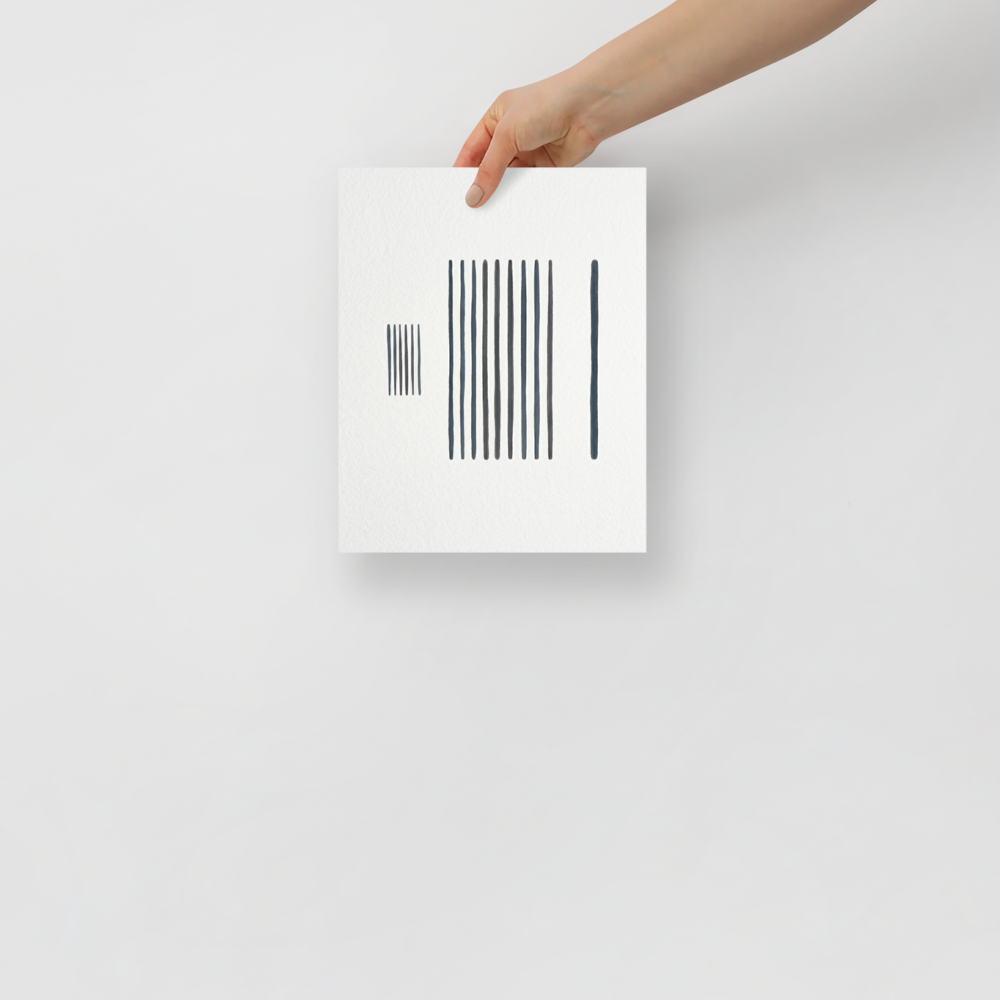 'The Measure of Silence' — a Minimalism print. A minimalist artwork featuring vertical gray lines arranged in distinct groups on a textured white background, perfect for a serene office space.