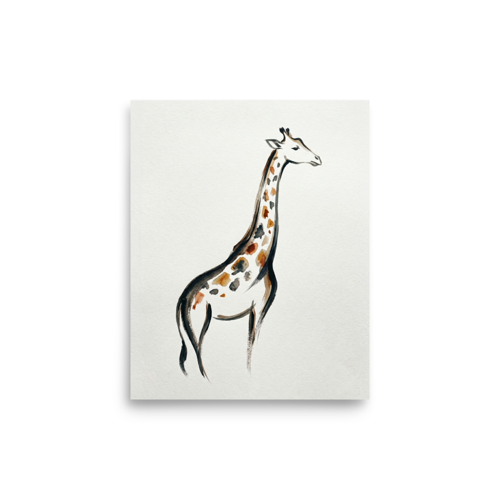 'The Tall Gent' — a Minimalism print. A minimalist watercolor sketch of a giraffe with brown and black spots, perfect for adding a touch of nature to a nursery.