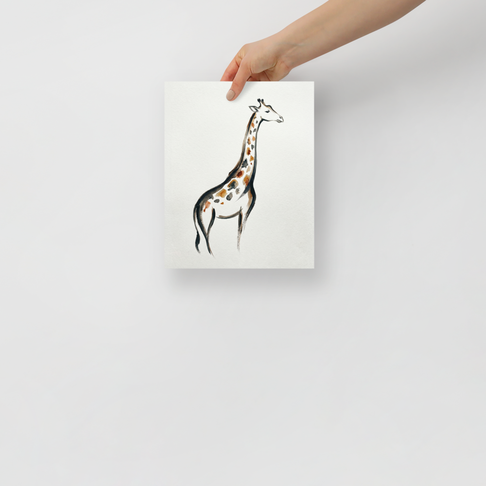 'The Tall Gent' — a Minimalism print. A minimalist watercolor sketch of a giraffe with brown and black spots, perfect for adding a touch of nature to a nursery.