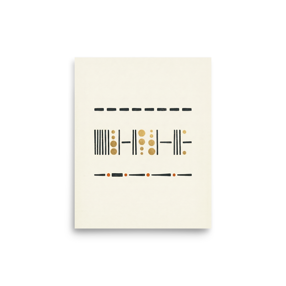 'Golden Rhythms' — a Minimalism,Geometric abstract art print. A minimalist artwork featuring horizontal bands of black lines and gold circles on a cream background, perfect for a contemporary entryway.