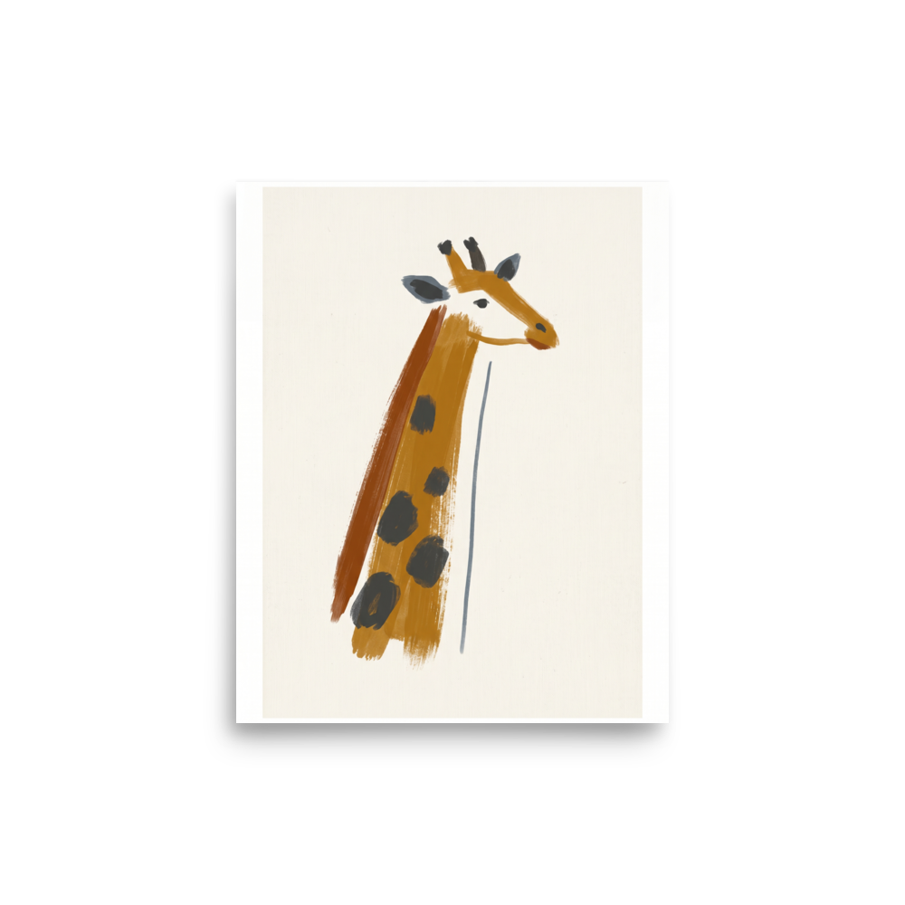 'Modern Safari' — a Minimalism print. A bold, abstract painted giraffe featuring thick ochre and grey brushstrokes on a textured white background, ideal for a modern living room.