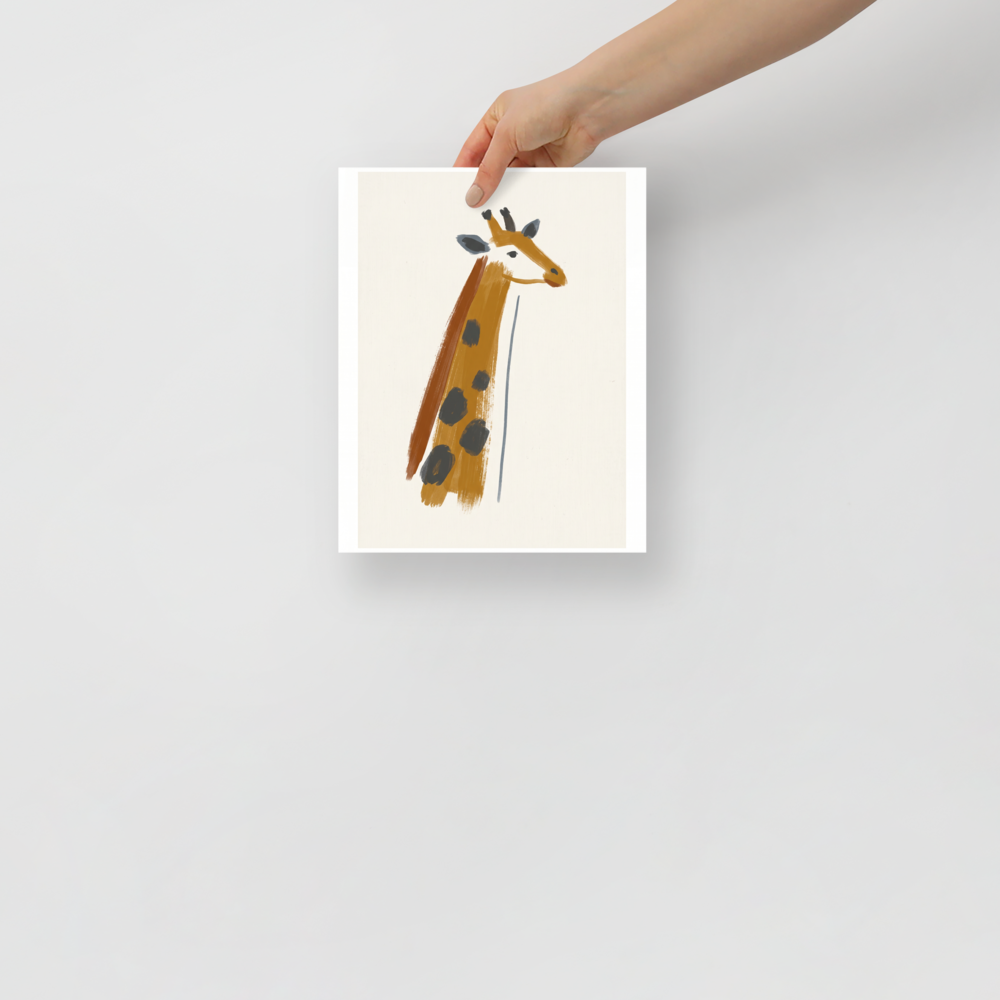 'Modern Safari' — a Minimalism print. A bold, abstract painted giraffe featuring thick ochre and grey brushstrokes on a textured white background, ideal for a modern living room.