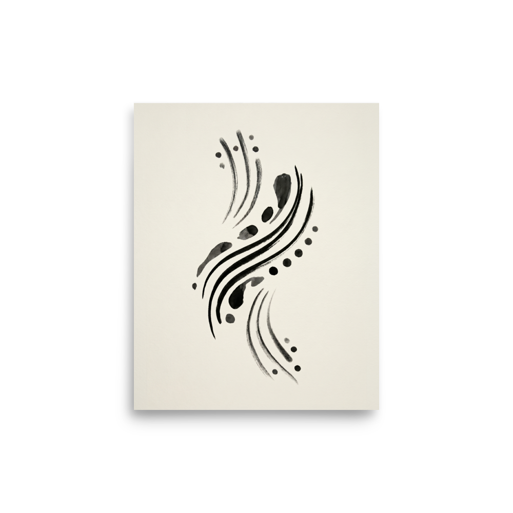 'Fluid Cadence' — a Minimalism,Abstract art print. An abstract minimalist artwork featuring fluid, sweeping black ink brushstrokes and scattered dots on an off-white background, perfect for a modern office.