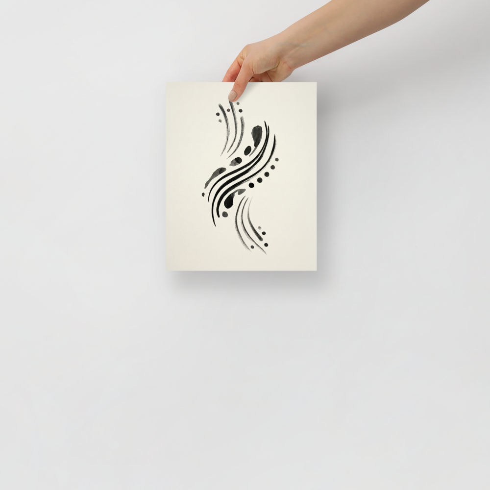 'Fluid Cadence' — a Minimalism,Abstract art print. An abstract minimalist artwork featuring fluid, sweeping black ink brushstrokes and scattered dots on an off-white background, perfect for a modern office.