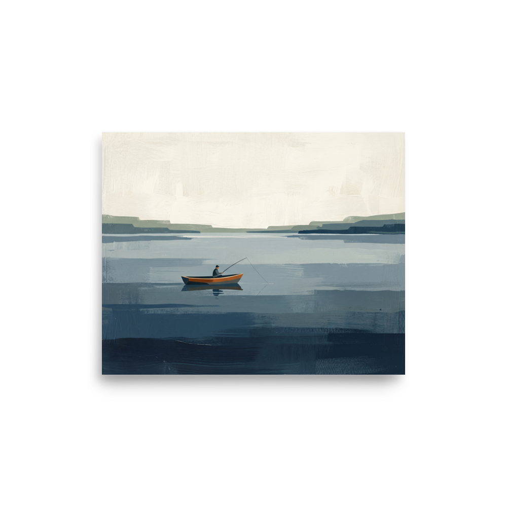 'Quiet Waters' — a Minimalism print. A peaceful minimalist painting of a solitary figure fishing in a small boat on vast blue and grey waters, perfect for a calm bedroom.