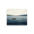 'Quiet Waters' — a Minimalism print. A peaceful minimalist painting of a solitary figure fishing in a small boat on vast blue and grey waters, perfect for a calm bedroom.