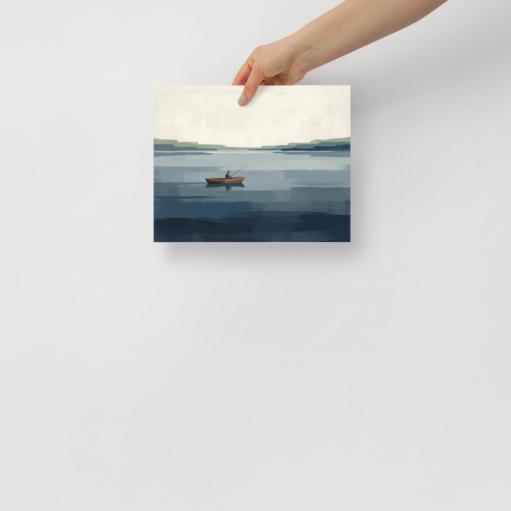 'Quiet Waters' — a Minimalism print. A peaceful minimalist painting of a solitary figure fishing in a small boat on vast blue and grey waters, perfect for a calm bedroom.