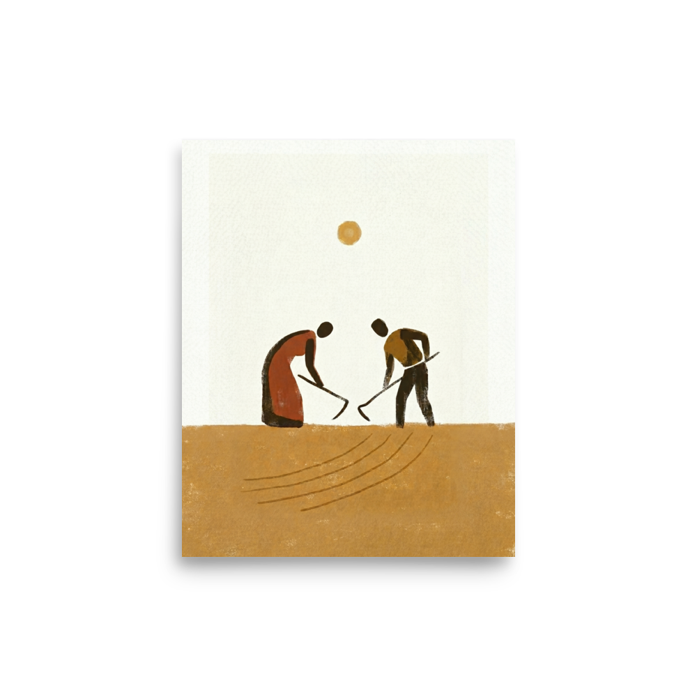 'Harvest Rhythm' — a Minimalism,Modernism print. A minimalist painting of two figures working a golden-brown field with hoes under a simple sun, perfect for a cozy kitchen or dining area.