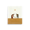 'Harvest Rhythm' — a Minimalism,Modernism print. A minimalist painting of two figures working a golden-brown field with hoes under a simple sun, perfect for a cozy kitchen or dining area.
