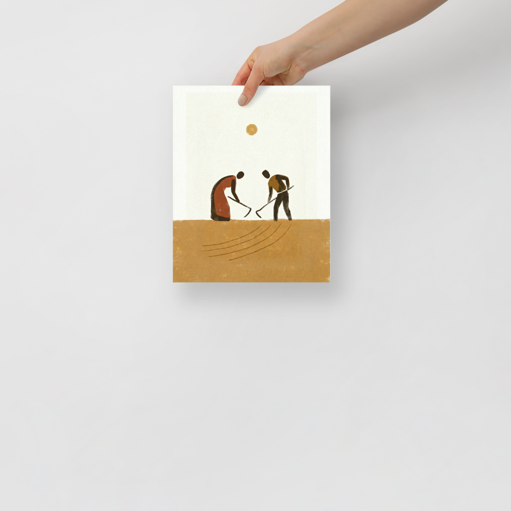 'Harvest Rhythm' — a Minimalism,Modernism print. A minimalist painting of two figures working a golden-brown field with hoes under a simple sun, perfect for a cozy kitchen or dining area.