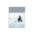 'Winter Solitude' — a Minimalism print. A serene minimalist painting showing a lone figure ice fishing on a frozen white and blue landscape, perfect for a calm study.