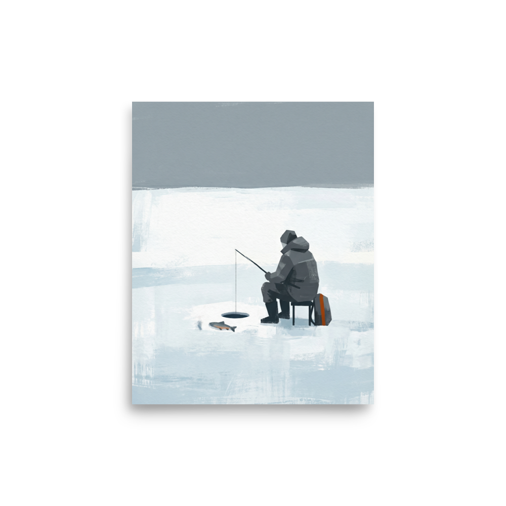 'Winter Solitude' — a Minimalism print. A serene minimalist painting showing a lone figure ice fishing on a frozen white and blue landscape, perfect for a calm study.