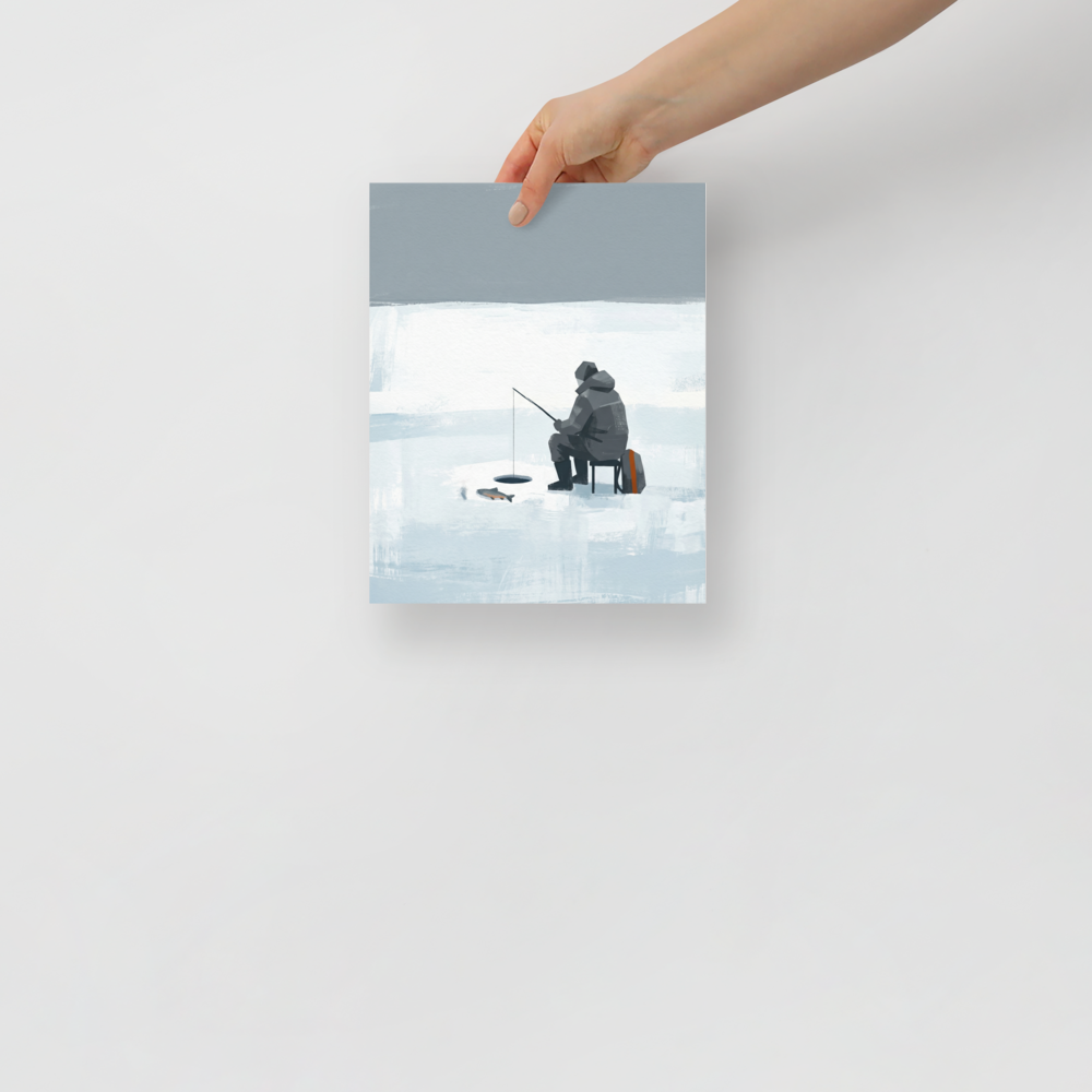 'Winter Solitude' — a Minimalism print. A serene minimalist painting showing a lone figure ice fishing on a frozen white and blue landscape, perfect for a calm study.
