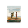 'Tilling the Earth' — a Expressionism,Figurative art print. An expressive painting of a man and a woman working in a colorful, layered field under a muted blue sky, perfect for a rustic dining room.