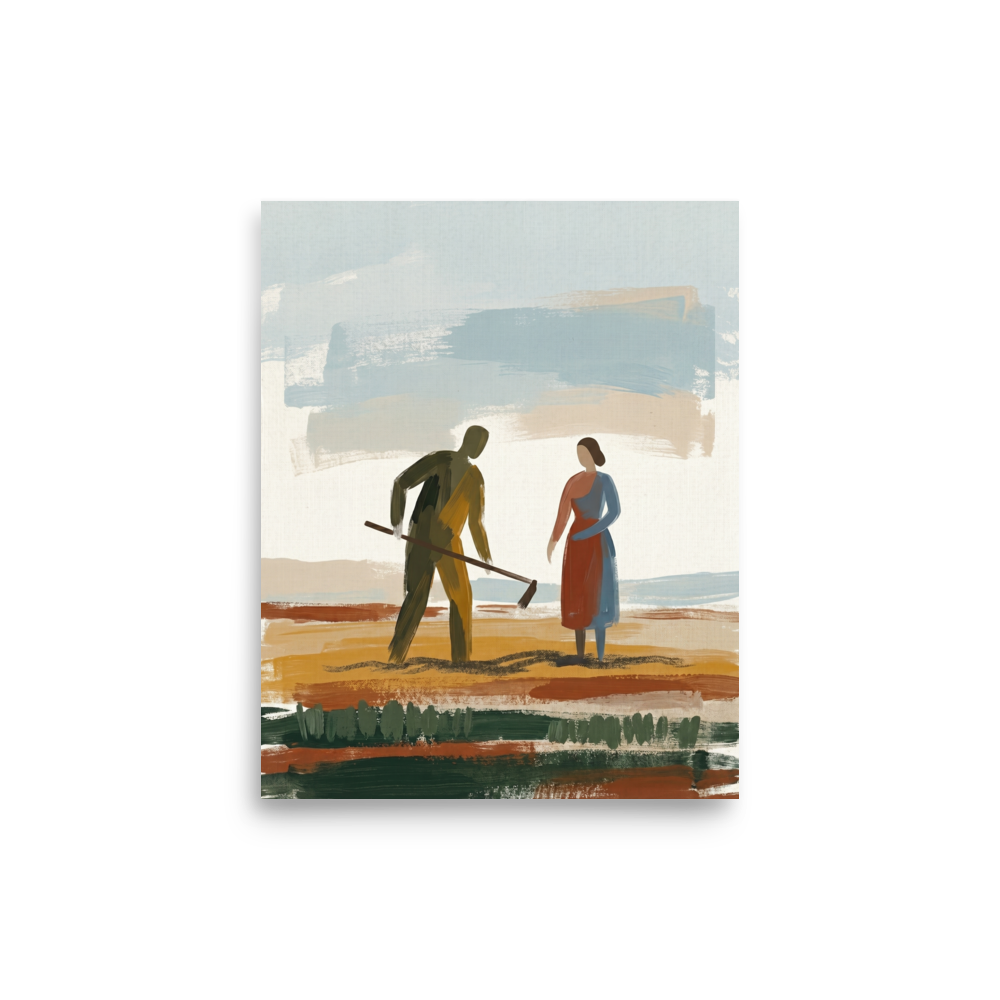 'Tilling the Earth' — a Expressionism,Figurative art print. An expressive painting of a man and a woman working in a colorful, layered field under a muted blue sky, perfect for a rustic dining room.