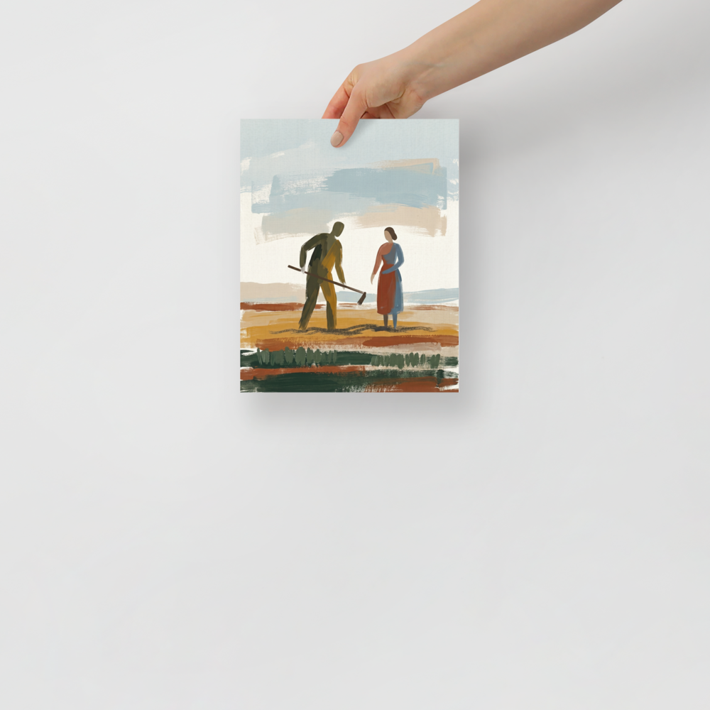 'Tilling the Earth' — a Expressionism,Figurative art print. An expressive painting of a man and a woman working in a colorful, layered field under a muted blue sky, perfect for a rustic dining room.