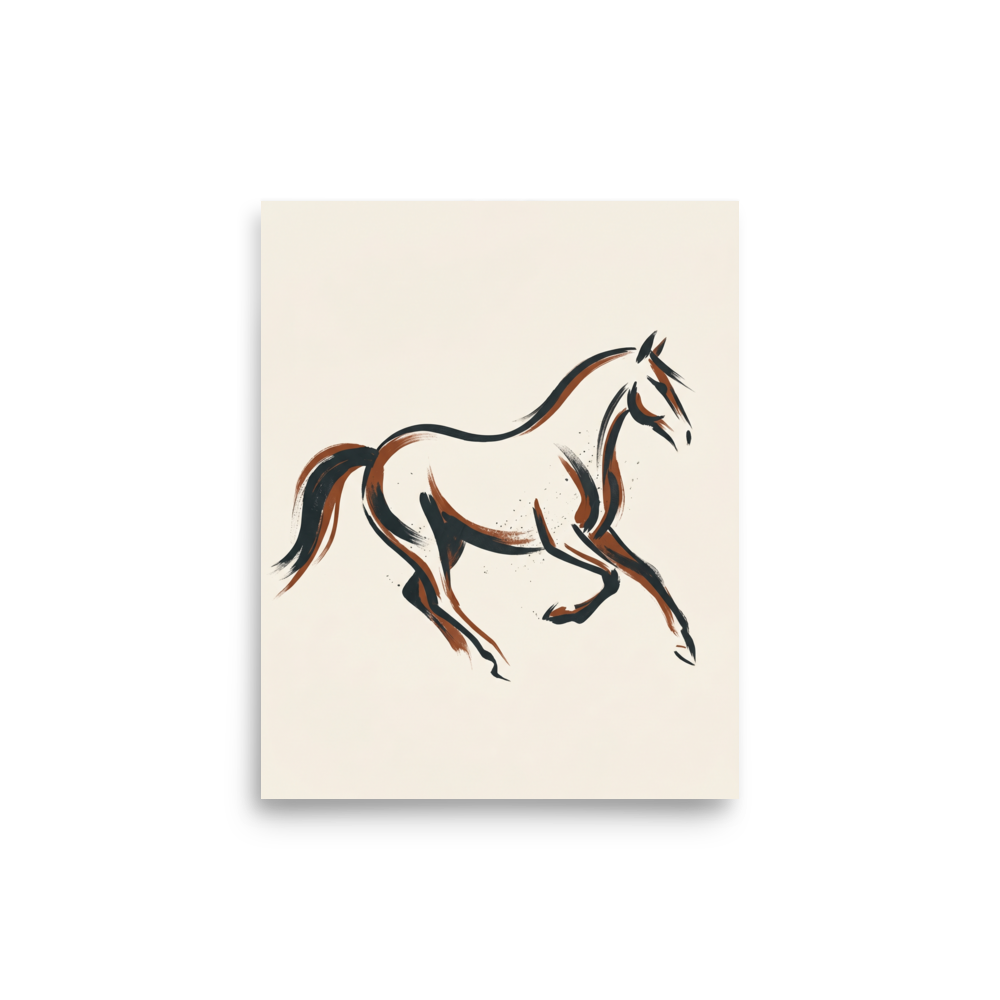 'Fluid Motion' — a Minimalism print. An elegant minimalist line drawing of a running horse in black and brown ink, perfect for a modern living room.