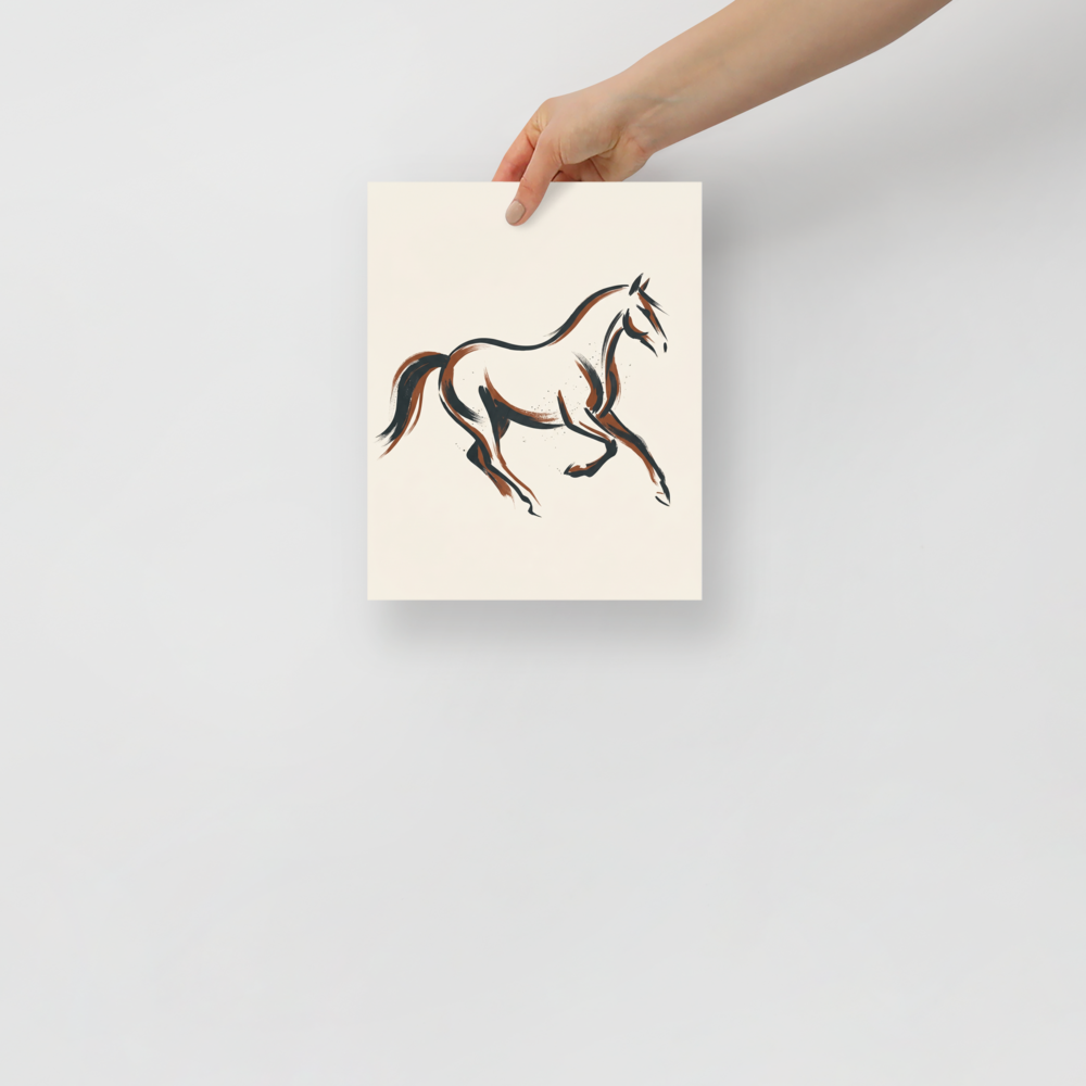 'Fluid Motion' — a Minimalism print. An elegant minimalist line drawing of a running horse in black and brown ink, perfect for a modern living room.