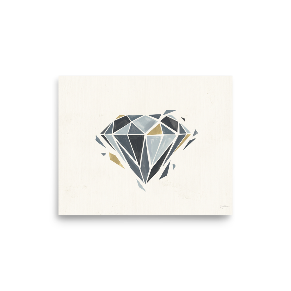 'Shattered Elegance' — a Geometric abstract art print. A geometric minimalist painting of a diamond with grey and gold facets on an off-white background, perfect for a chic office.