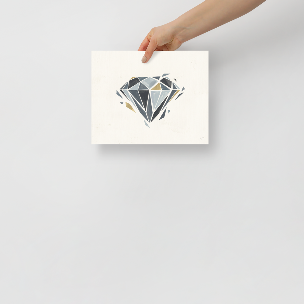 'Shattered Elegance' — a Geometric abstract art print. A geometric minimalist painting of a diamond with grey and gold facets on an off-white background, perfect for a chic office.