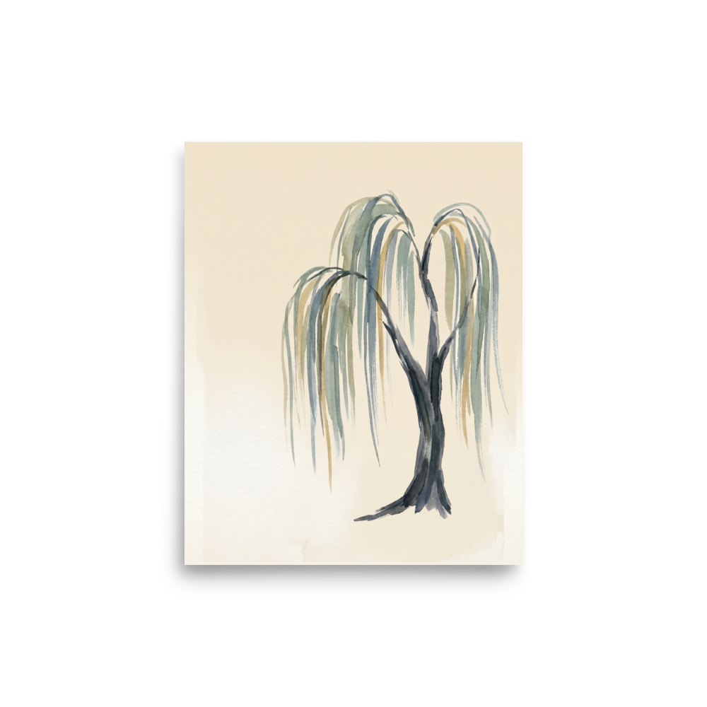'Weeping Willow Grace' — a Minimalism,Japanese art print. A minimalist watercolor painting of a weeping willow tree with cascading green and grey branches against a soft beige background, perfect for a peaceful bedroom.