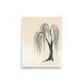 'Weeping Willow Grace' — a Minimalism,Japanese art print. A minimalist watercolor painting of a weeping willow tree with cascading green and grey branches against a soft beige background, perfect for a peaceful bedroom.