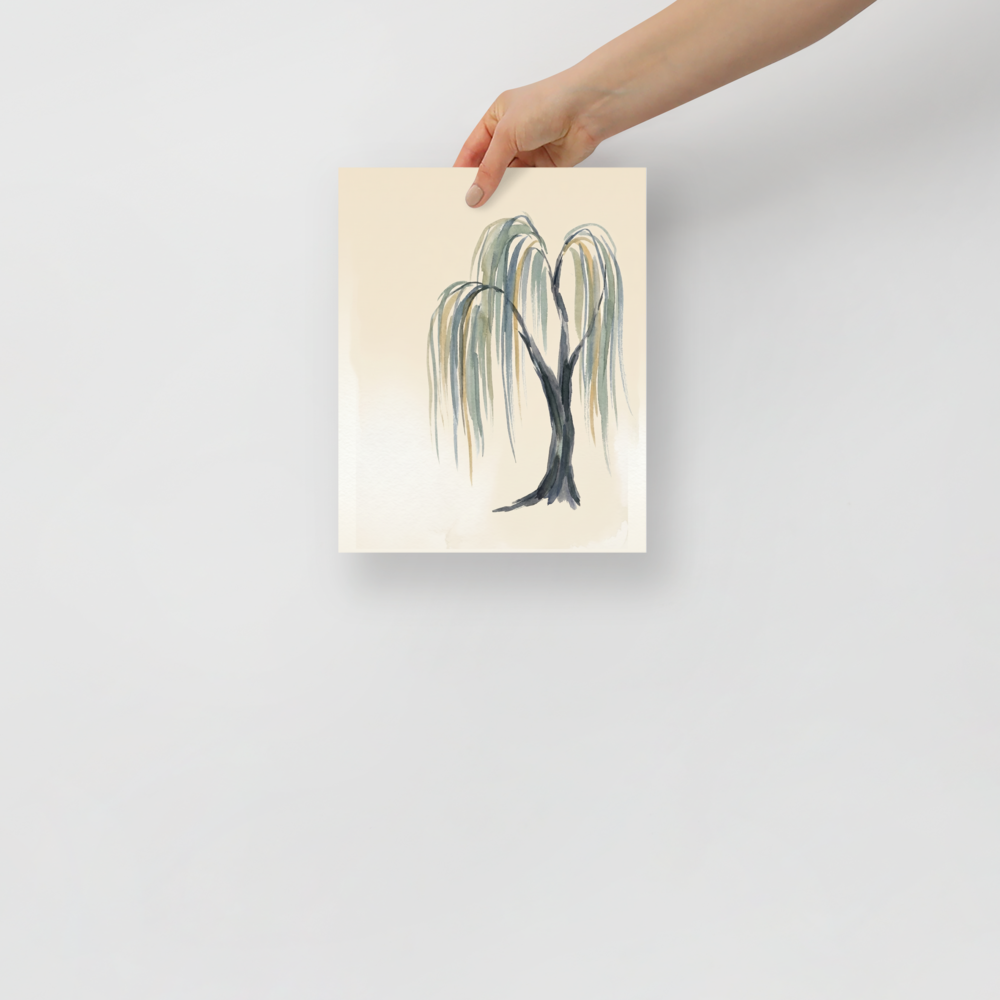 'Weeping Willow Grace' — a Minimalism,Japanese art print. A minimalist watercolor painting of a weeping willow tree with cascading green and grey branches against a soft beige background, perfect for a peaceful bedroom.