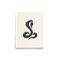 'Serpent's Flow' — a Minimalism print. An abstract calligraphic painting of a serpentine shape in thick black brushstrokes with hints of gold on a beige background, perfect for a modern office.