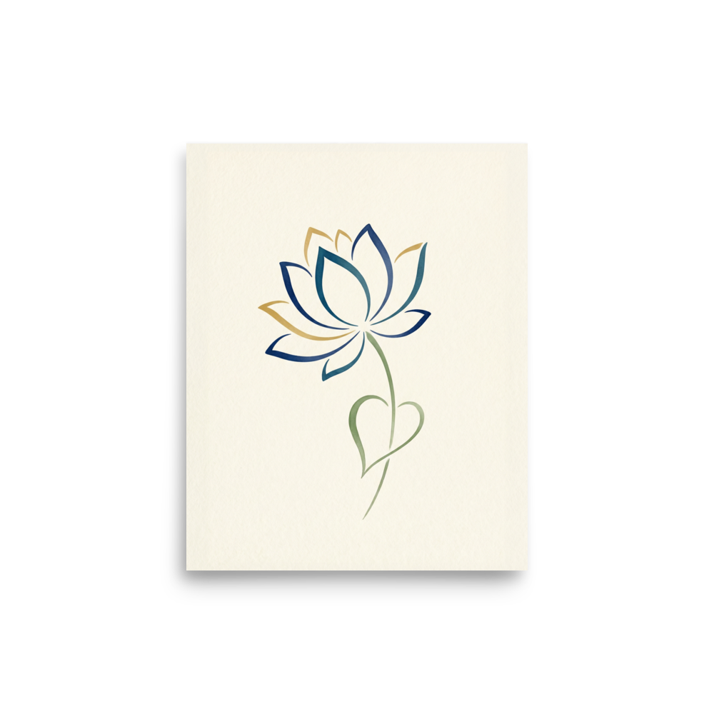 'Sapphire Bloom' — a Minimalism,Digital art print. A minimalist digital illustration of a lotus flower outlined in blue and gold on a cream background, perfect for a modern meditation room.