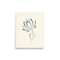 'Sapphire Bloom' — a Minimalism,Digital art print. A minimalist digital illustration of a lotus flower outlined in blue and gold on a cream background, perfect for a modern meditation room.