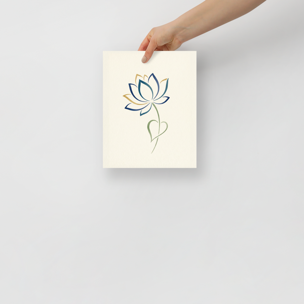 'Sapphire Bloom' — a Minimalism,Digital art print. A minimalist digital illustration of a lotus flower outlined in blue and gold on a cream background, perfect for a modern meditation room.